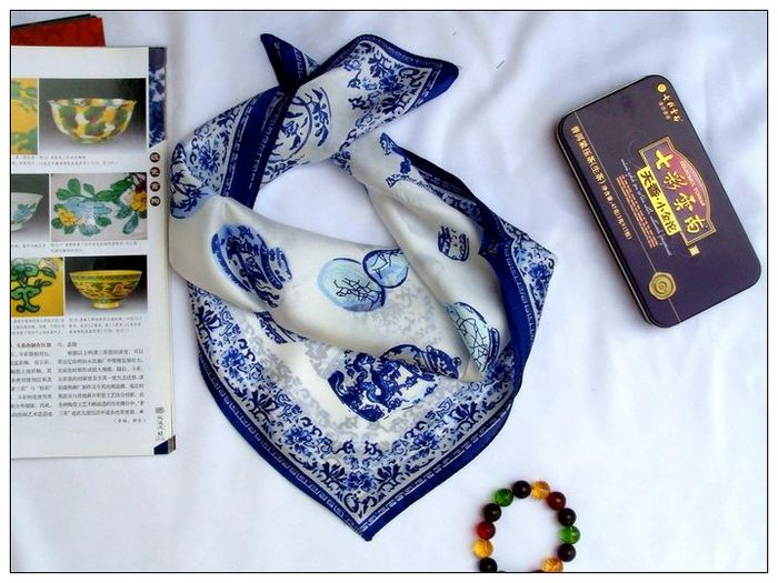 Blue & White Porcelain Small Square Silk Scarf