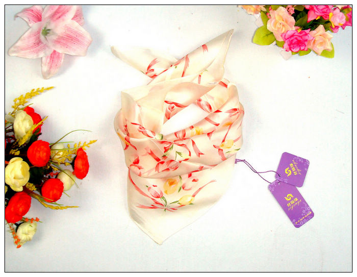 Flower Print Small Square Silk Scarf