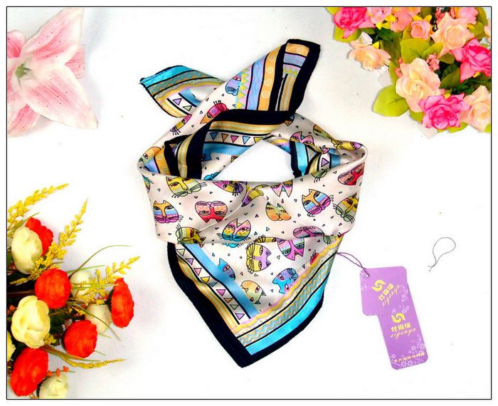 Cat Print Small Square Silk Scarf