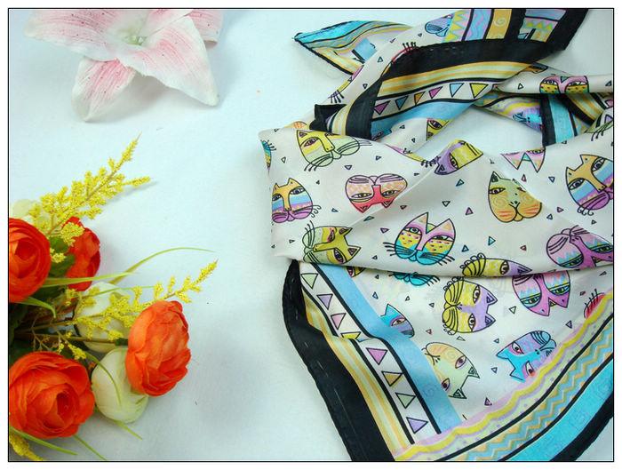 Cat Print Small Square Silk Scarf