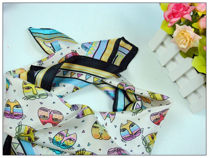 Cat Print Small Square Silk Scarf