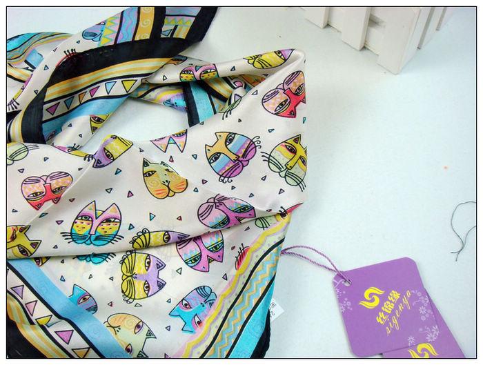 Cat Print Small Square Silk Scarf