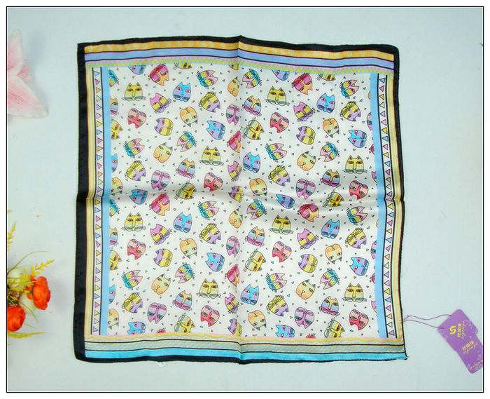 Cat Print Small Square Silk Scarf