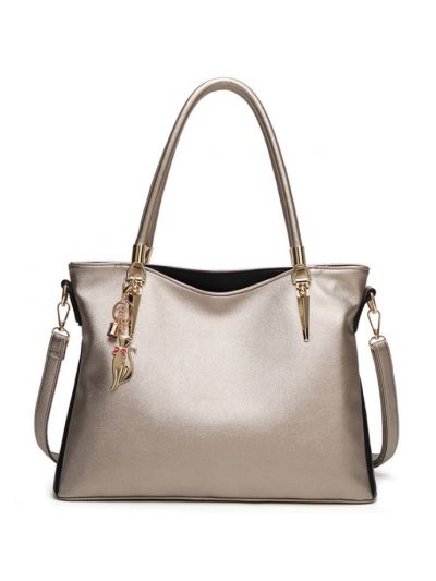 Contrast Color Faux Leather Large Tote Shoulder Bag