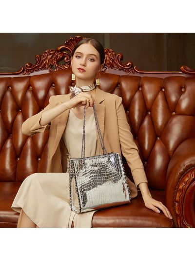 Alligator Top Grain Genuine Leather Pearl Line Tote Shoulder Bag