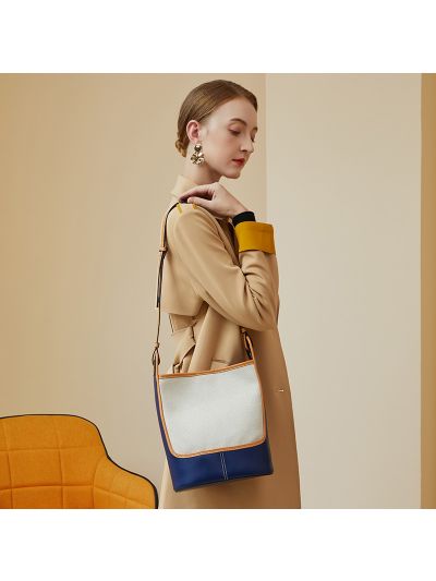 Contrast Color Genuine Leather Canvas Cross Body Bag Bucket Bag