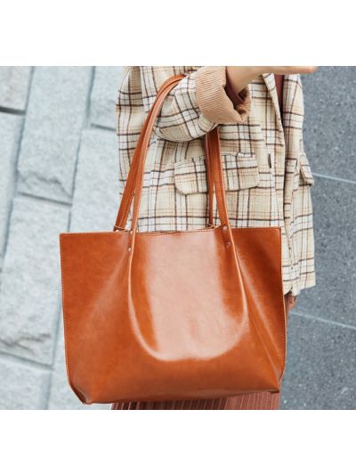 Fold Oil Wax Faux Leather PU Tote Shoulder Bag