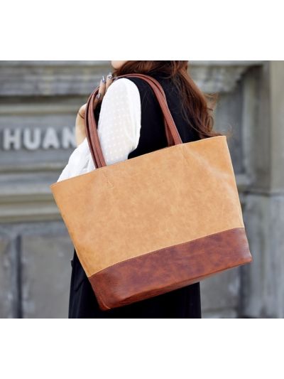 Contrast Color Faux Leather PU Large Tote Shoulder Bag H