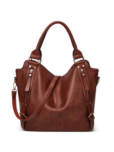 Zipper Retro Oil Wax Faux Leather PU Large Tote Shoulder Bag