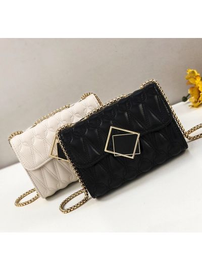 Square Lock Diamond Faux Leather PU Flap Bag Metal Chain Cross Body Bag A