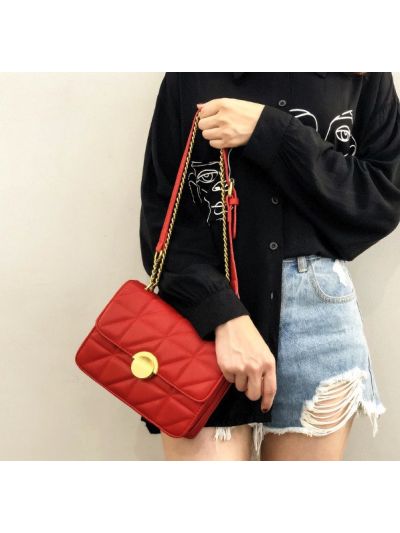 Circle Lock Diamond Faux Leather PU Metal Chain Flap Bag Cross Body Bag