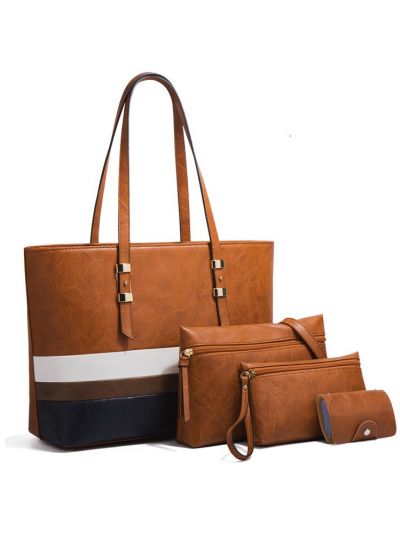 Contrast Color Faux Leather PU Large Tote 4 Pcs Bag Set