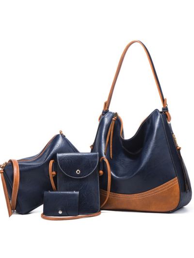 Contrast Color Soft Faux Leather Pu Hobo Shoulder Bag 4 Pcs Bag Set