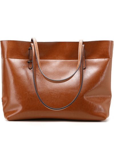 Practical Fashion Oil Wax Cowhide Genuine Leather Tote-Brown