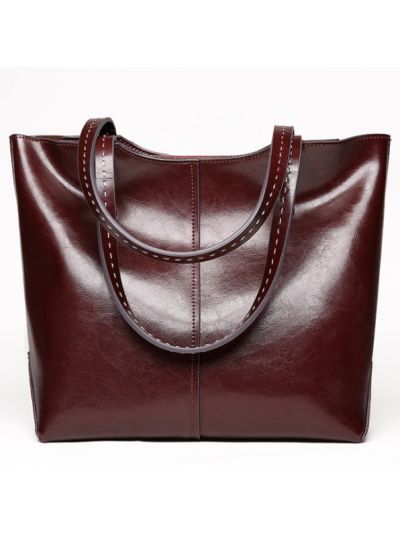 Classic Large Soft Genuine Cowhide Leather Tote-Maroon