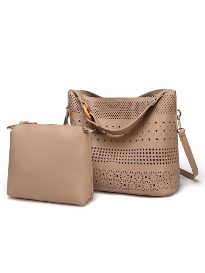 Hollow Wood Circle PU Bucket Bag 2 PCS Bag Set