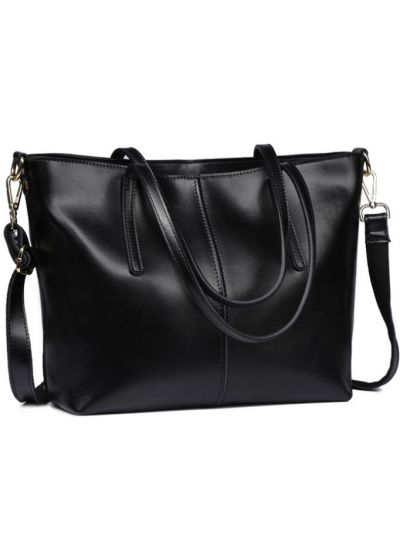 Simple Fashion Style Thread Genuine Leather Tote Bag-Black-Mini-sized