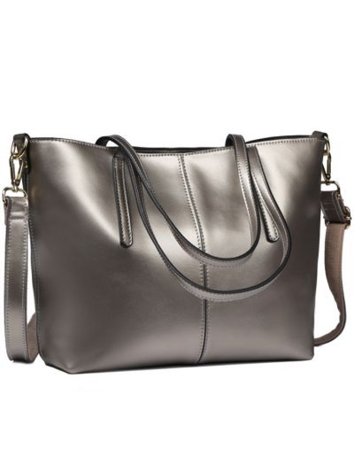 Simple Fashion Style Thread Genuine Leather Tote Bag-Silver-Mini-sized