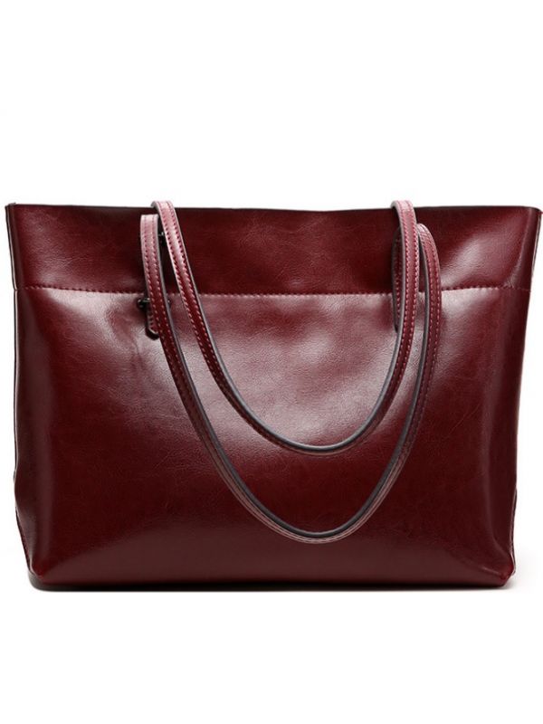 Practical Fashion Oil Wax Cowhide Genuine Leather Tote-Red