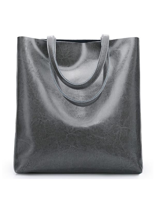 Simple Style Solid Color Genuine Leather Tote-Gray