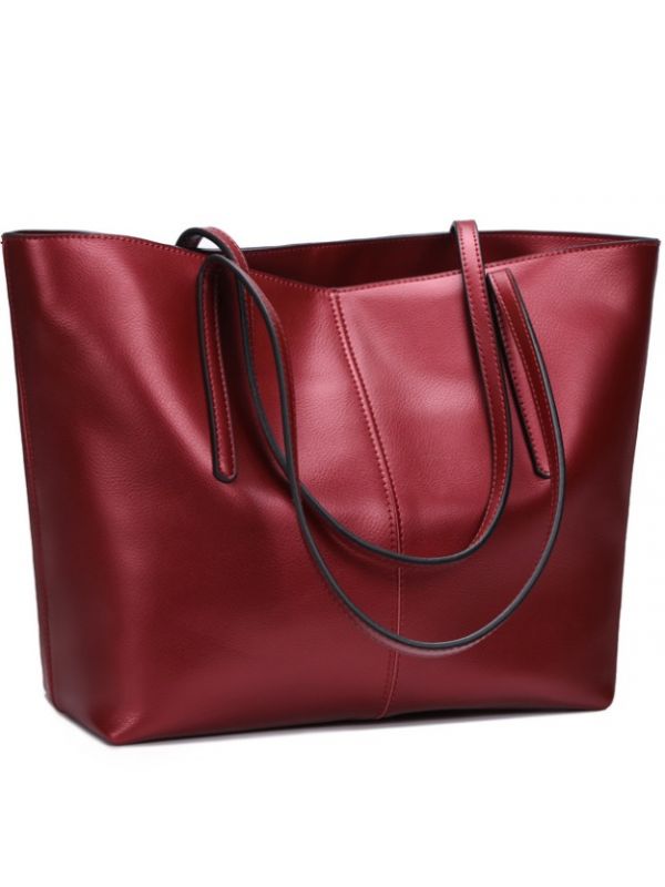 Simple Fashion Style Thread Genuine Leather Tote Bag-Red-Large-sized