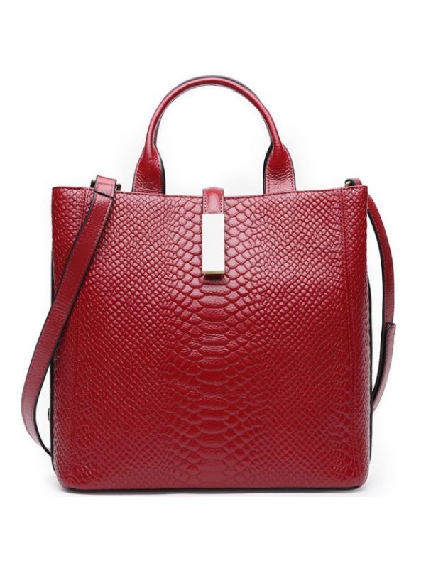 Alligator Pattern Genuine Top Grain Cowhide Leather Large Square Tote Shoulder Bag-Red