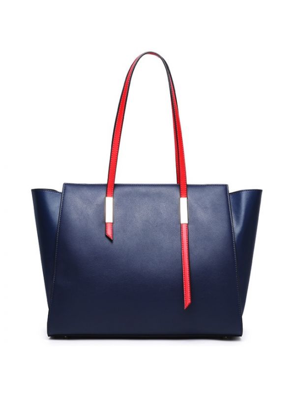 Simple Color Slender Strap Genuine Leather Tote Shoulder Bag-Blue