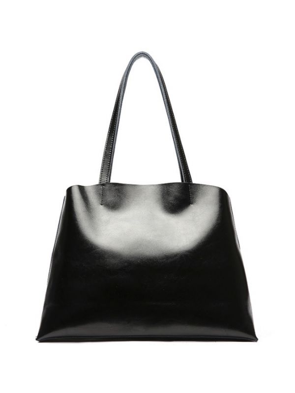 Popular Oil Wax Soft Genuine Leather Tote-Black