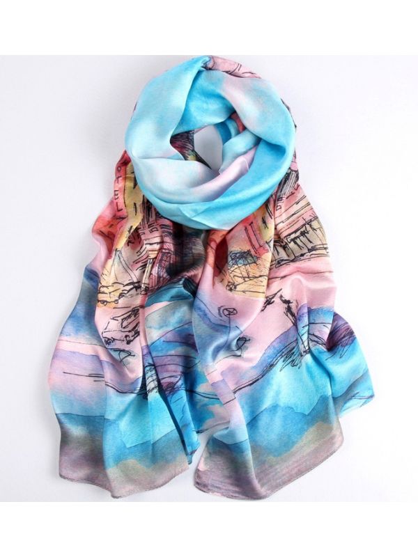 Urban Fog Blossoms Silk Charmeuse Fabric Digital Painting Scarves Shawls 180*55cm