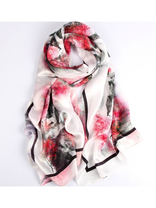 Raining Countryside Blossoms Silk Charmeuse Fabric Digital Painting Scarves Shawls 180*55cm