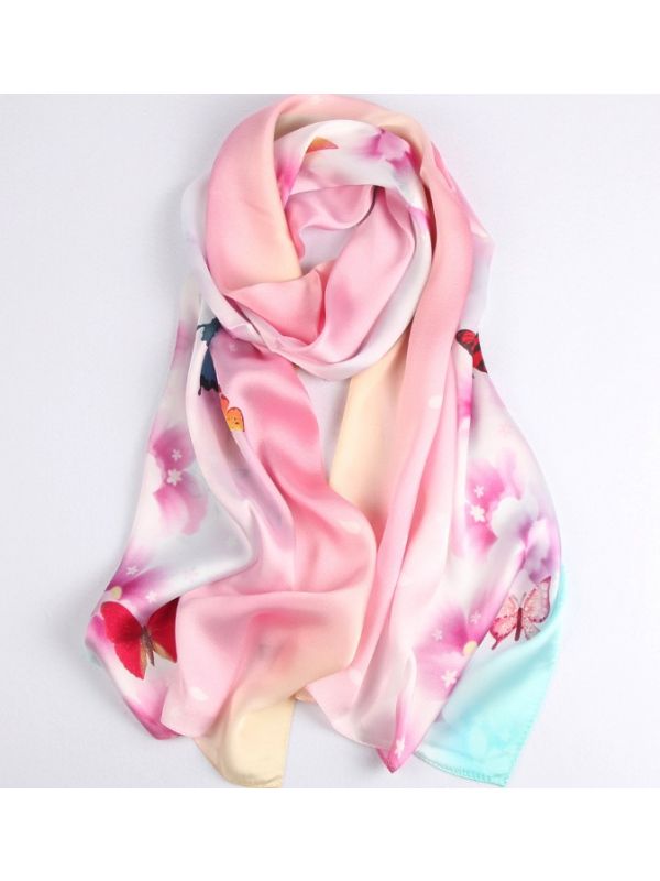 Colorful Butterfly Blossoms Silk Charmeuse Fabric Digital Painting Scarves Shawls 180*55cm