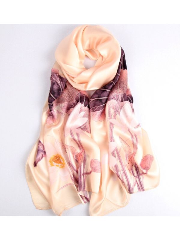 Tranquil Lotus Blossoms Silk Charmeuse Fabric Digital Painting Scarves Shawls 180*55cm