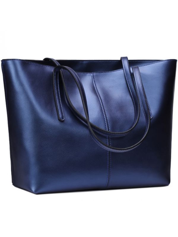 Simple Fashion Style Thread Genuine Leather Tote Bag-Blue-Large-sized
