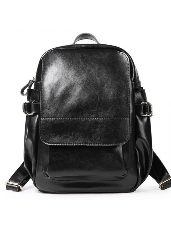 College Style Oil Wax Genuine Leather Backpack-Black