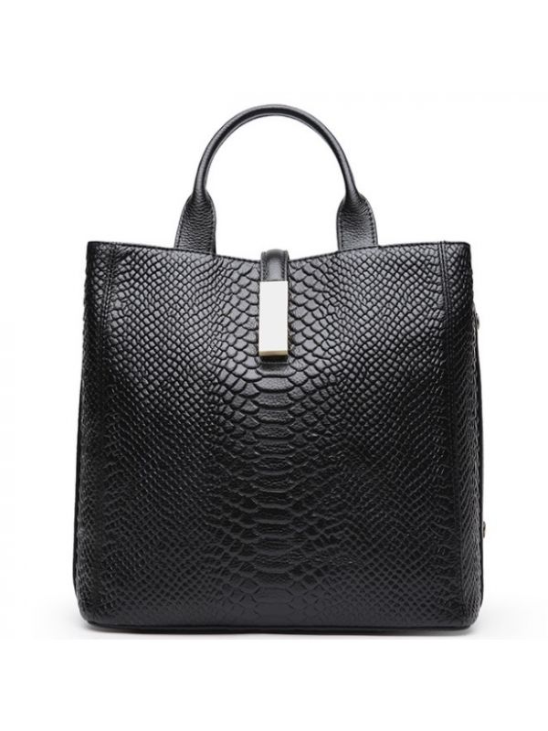 Alligator Pattern Genuine Top Grain Cowhide Leather Large Square Tote Shoulder Bag-Black