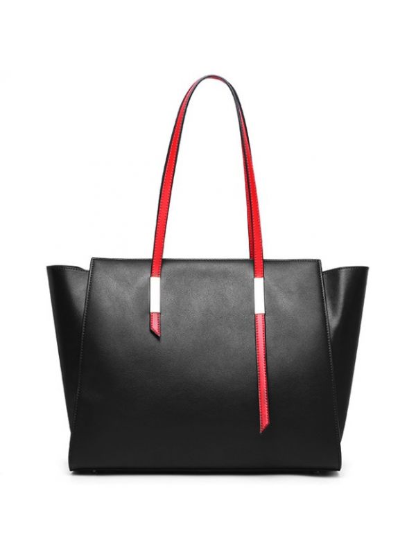 Simple Color Slender Strap Genuine Leather Tote Shoulder Bag-Black