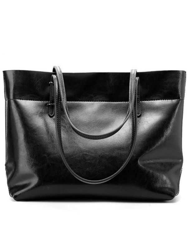 Practical Fashion Oil Wax Cowhide Genuine Leather Tote-Black