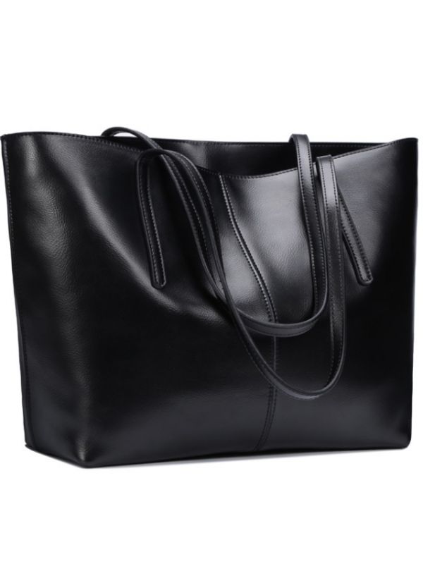 Simple Fashion Style Thread Genuine Leather Tote Bag-Black-Large-sized