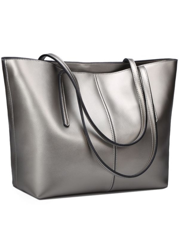 Simple Fashion Style Thread Genuine Leather Tote Bag-Silver-Large-sized