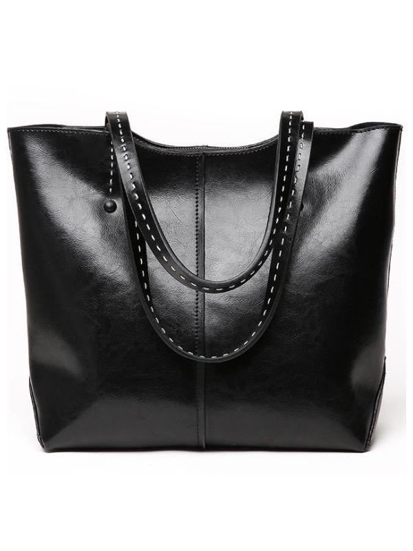 Classic Large Soft Genuine Cowhide Leather Tote-Black