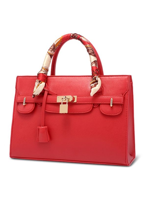 Classical PU Birkin Bag Tote Shoulder Bag-Red-Large-sized