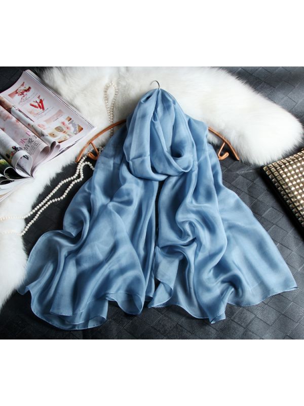 Solid Color 100% Silk Chiffon Scarves Beach Towel Wrap-Blue