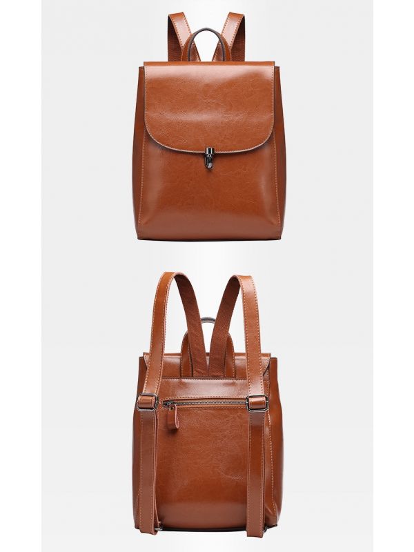 Minimalism Style Oil Wax Genuine Leather Backpack-Brown