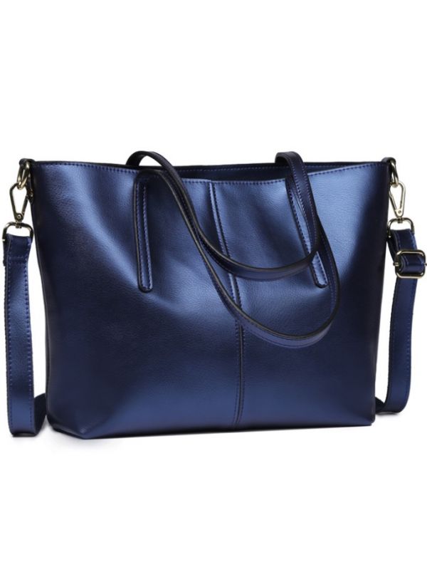 Simple Fashion Style Thread Genuine Leather Tote Bag-Blue-Mini-sized